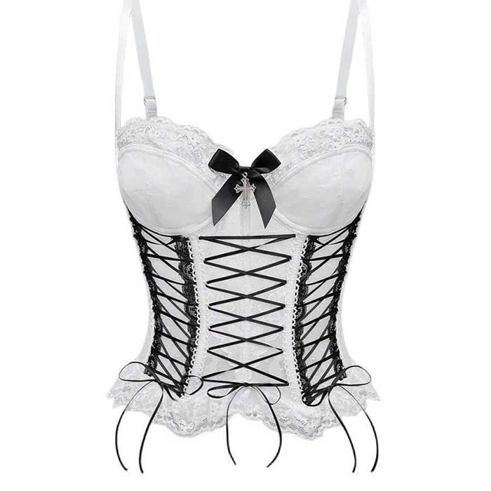 Elegant cross lace tank top for women with black ribbons and intricate lace detailing
