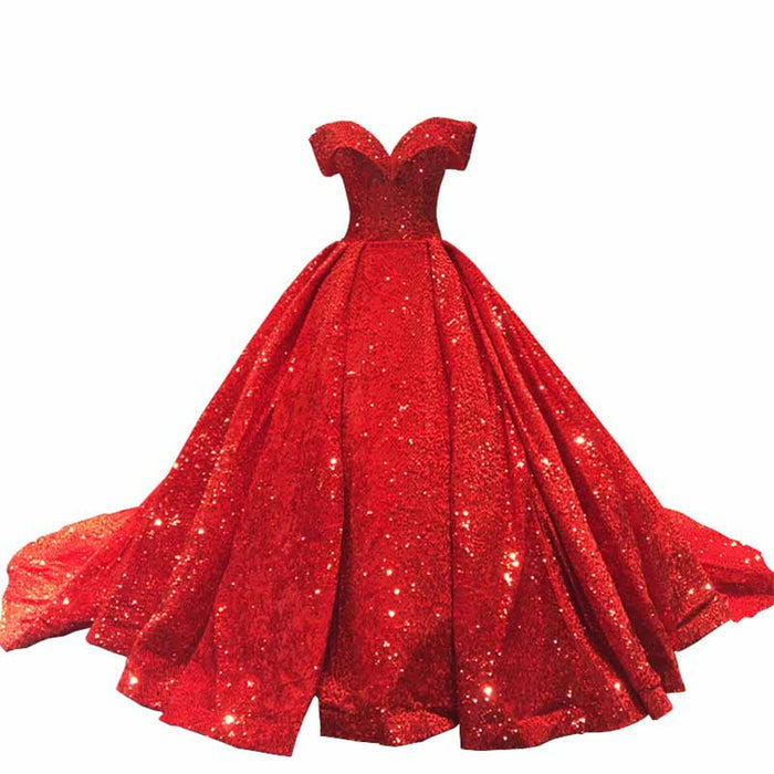 Stunning red metallic ruffle sweep trail evening gown with a sweetheart neckline and glittering details