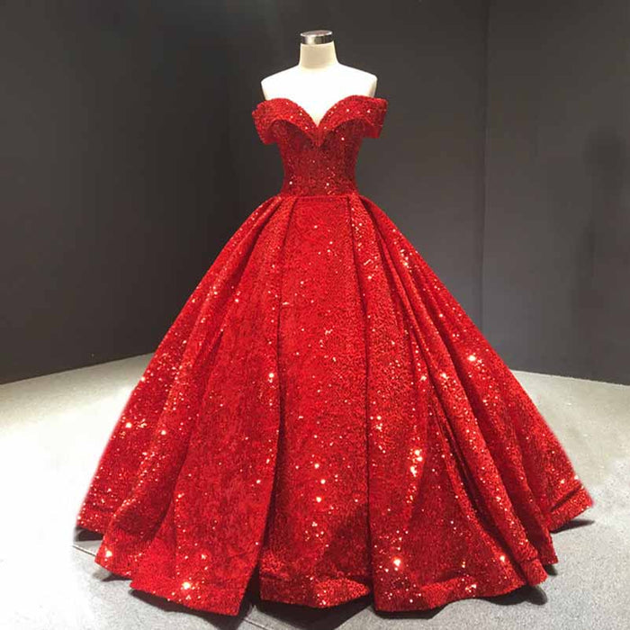 Stunning red metallic ruffle sweep trail evening gown with a flattering off-shoulder neckline and glittering details
