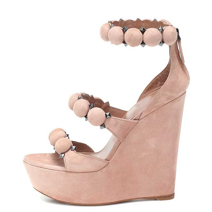 SD Dresscode nude wedge sandals for special occasions featuring stylish studs and a platform heel