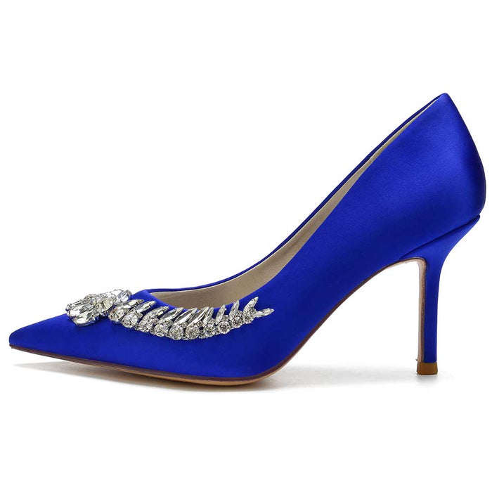 Elegant blue rhinestone satin dress heels with a stunning jeweled embellishment