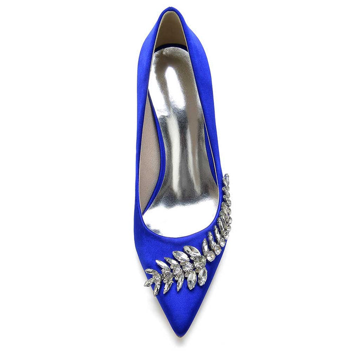 SD Dresscode rhinestone satin dress heels in blue with elegant leaf design embellishment