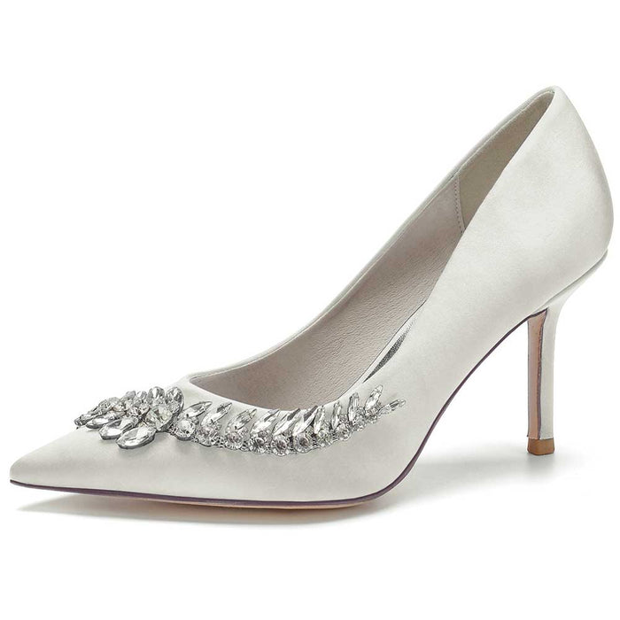 Elegant rhinestone satin dress heels in white with a sparkling embellishment for special occasions