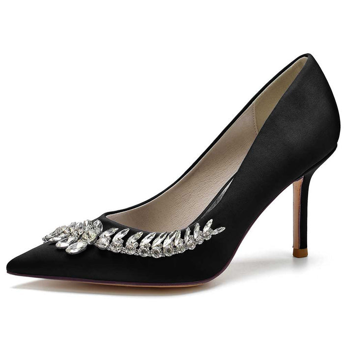Elegant rhinestone satin dress heels in black with pointed toes and sparkling embellishments