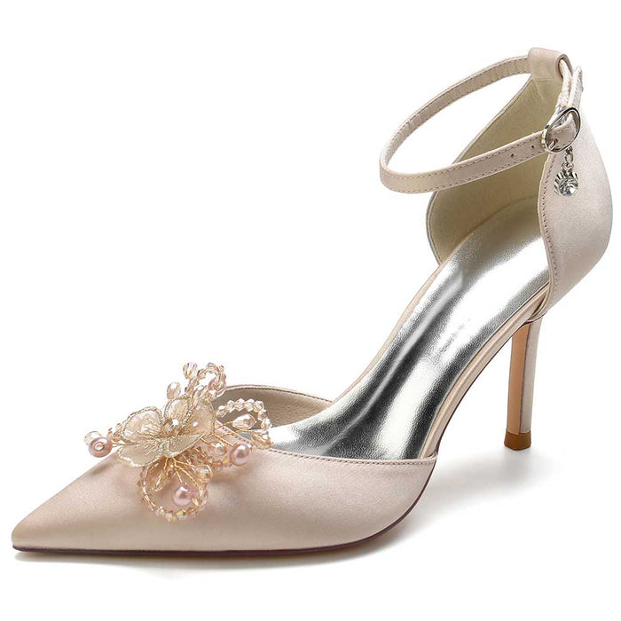 Elegant satin bridal heels with crystals and floral embellishments designed for weddings