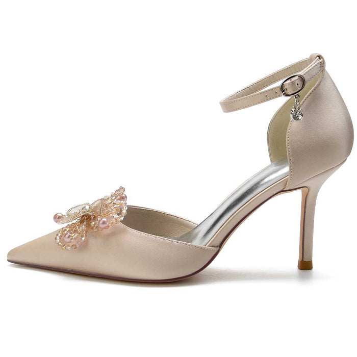 Elegant satin bridal heels with crystals and a decorative butterfly for special occasions