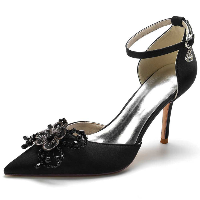 Elegant satin bridal heels with crystals featuring an intricate floral design and ankle strap
