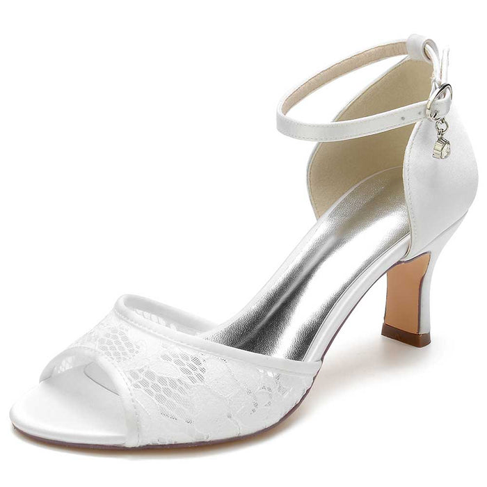 Elegant white satin lace dress sandals for women with ankle strap and stylish heel
