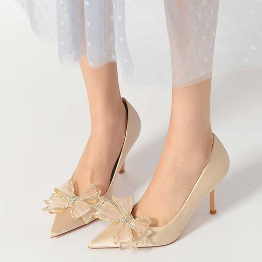 Elegant satin prom heels for women with embellished bow detail for formal occasions