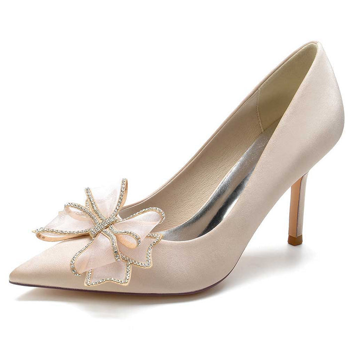 Elegant satin prom heels for women featuring a decorative flower embellishment and slender heel