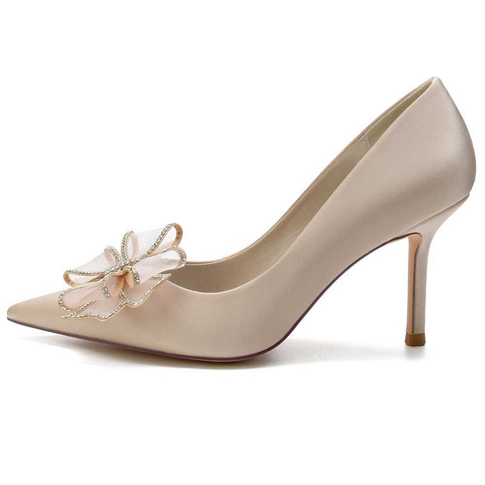 Elegant satin prom heels for women with a decorative flower embellishment for special occasions