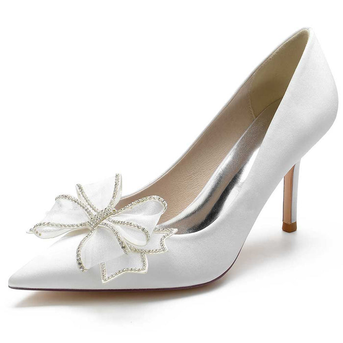 Elegant white satin prom heels for women with decorative flower embellishment