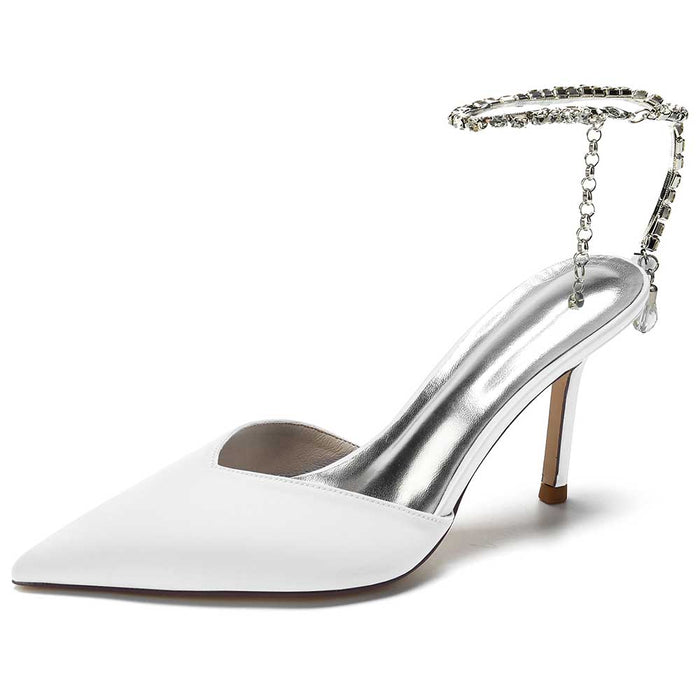 Elegant white satin prom heels with bling straps for a stylish evening look