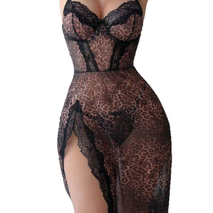 Sexy leopard print night dress with lace details and high slit for a sultry look