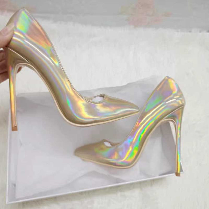 Shiny party heels for women in iridescent gold with a sleek stiletto design