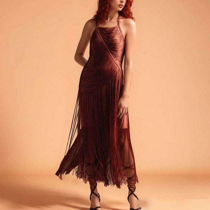SD Dresscode & Fashiontrends strappy bodycon dress with tassel details in a rich brown shade