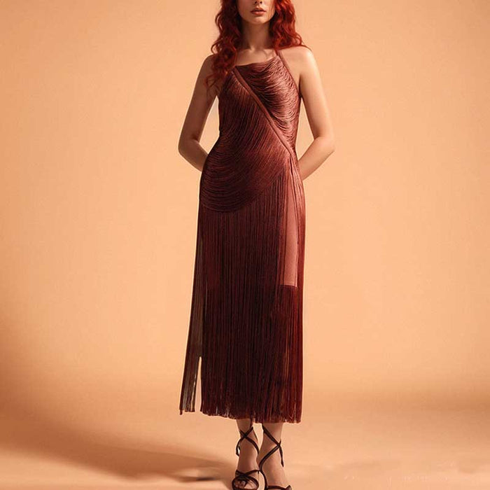 Elegant strappy bodycon dress with tassel details in rich burgundy for chic evening wear