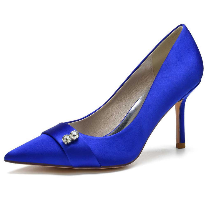 SD Dresscode women's satin heels with pearls in royal blue featuring a stylish pointed toe design