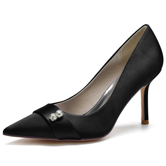 SD Dresscode women's satin heels with pearls in black featuring a pointed toe design