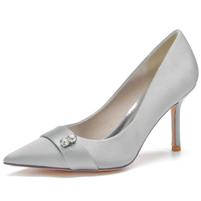 Elegant women's satin heels with pearls featuring a pointed toe and slender heel for special occasions