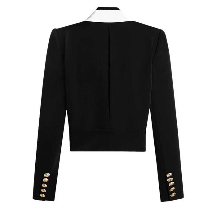 Stylish black blazer with white collar for women featuring unique lapels and buttoned cuffs