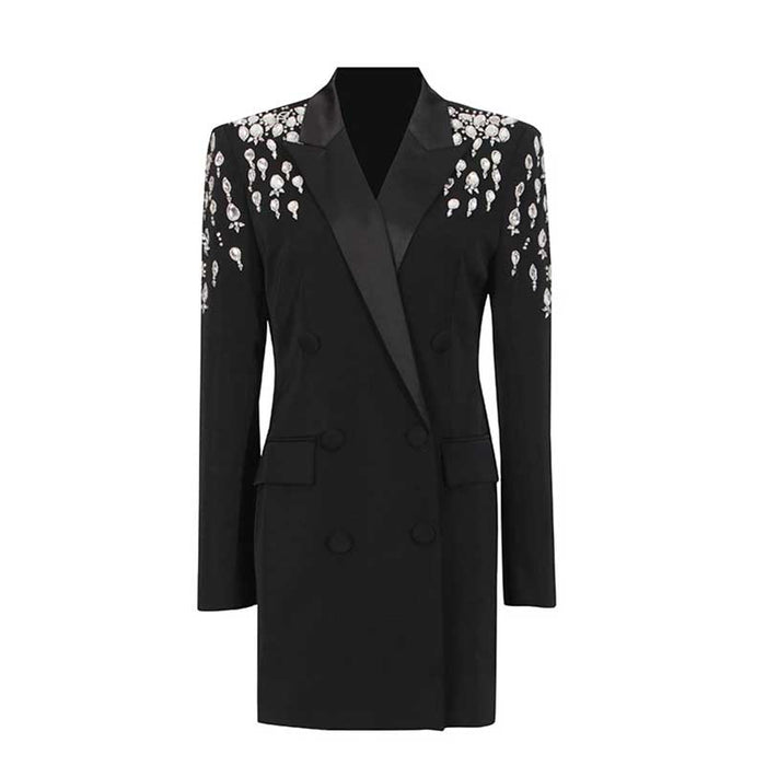 Stylish blazer dress with embellished shoulders, a dressy black jacket for special occasions