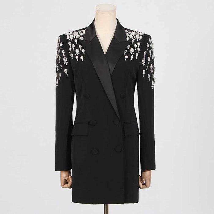 Stylish blazer dress with embellished shoulders, perfect as a dressy black jacket for special occasions