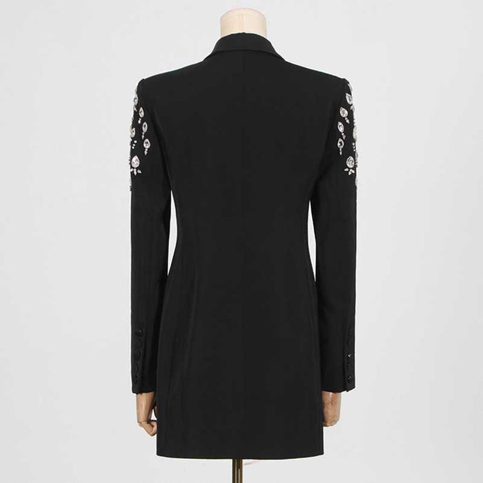 Elegant blazer dress in black with floral embroidery details, perfect as a dressy black jacket for special occasions