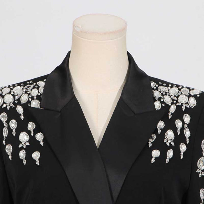 Elegant blazer dress with jeweled details, a perfect dressy black jacket for special occasions