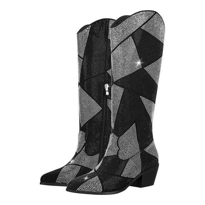 Geometric rhinestone knee high boots with a stylish zip and unique pattern for a bold look