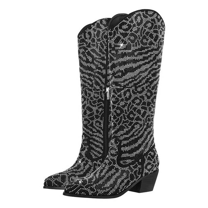 Geometric rhinestone knee high boots with a stylish design and comfortable heel for fashionable looks