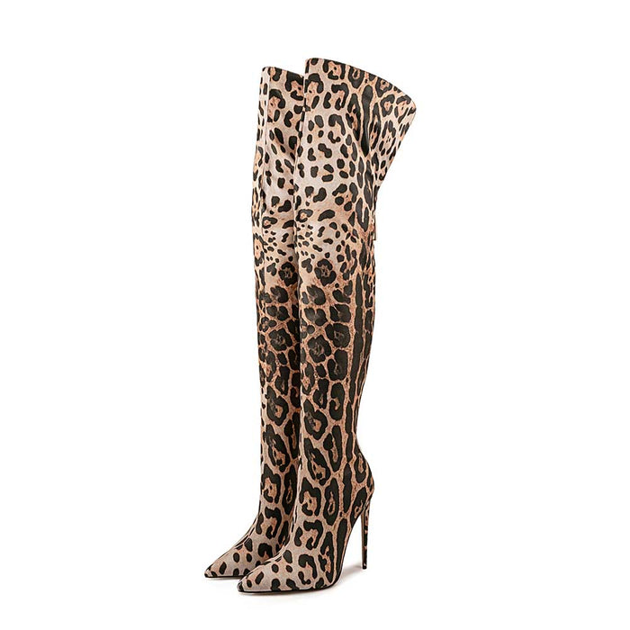 Stylish leopard print over the knee boots with high heels for trendy fashion lovers