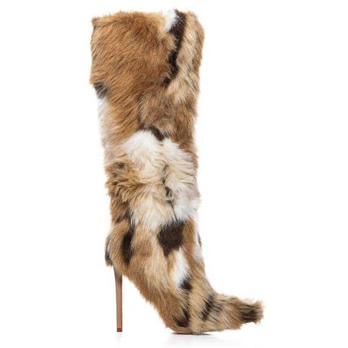 Stylish long faux fur boots for women with a high stiletto heel and a unique animal print design