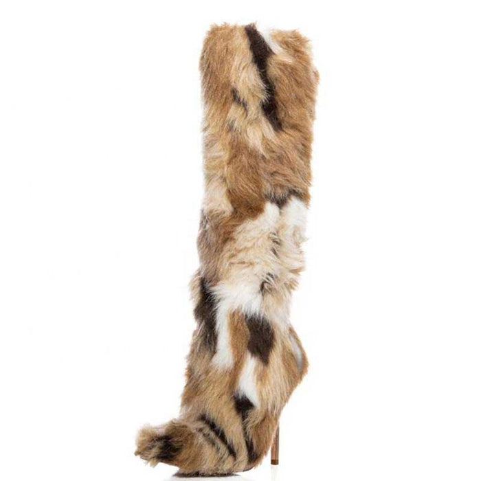 Trendy long faux fur boots for women in a chic design with a stylish heel