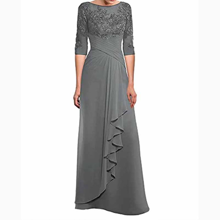 Elegant mother of the bride chiffon lace gown in gray featuring a textured bodice and flowing skirt