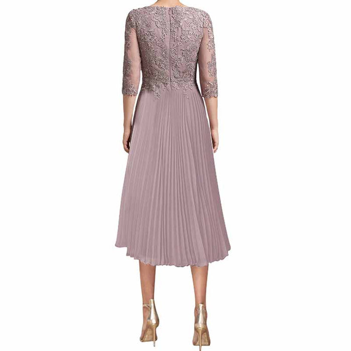 Elegant mother of the bride dress tea length with embellished bodice and pleated skirt in soft lavender