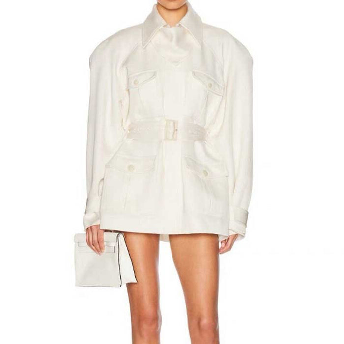 Off-white belted mini dress with pockets featuring a stylish oversized collar and button details