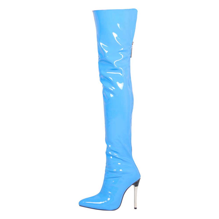 Stylish blue over the knee stiletto boots for women with a sleek design and high heel