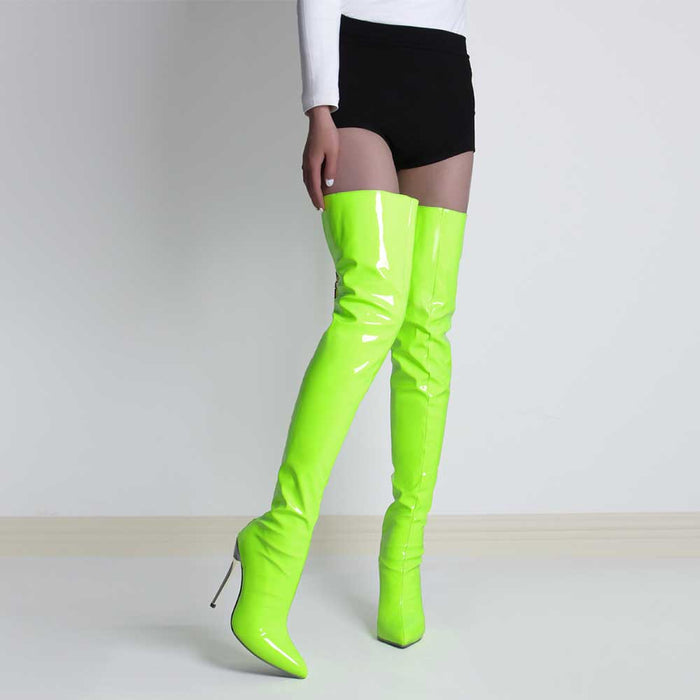 Bright neon green over the knee stiletto boots for women with a sleek, high-shine finish