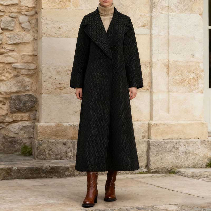 Oversized black winter jacket for women featuring a stylish long design and textured fabric