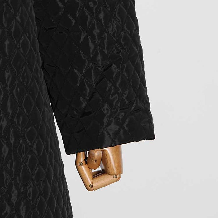Close-up of an oversized black winter jacket for women showcasing the quilted texture and sleeve detail