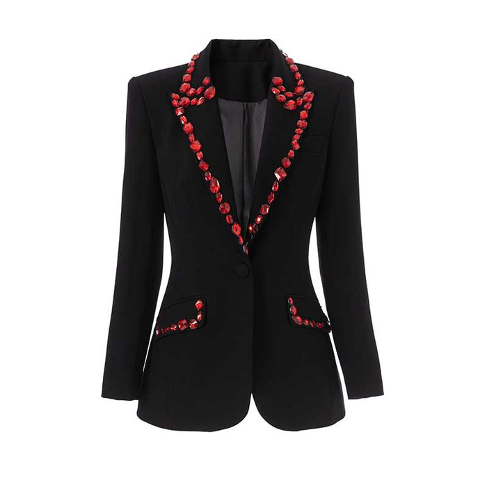 Rhinestone embellished black blazer featuring red accents and a tailored fit for a stylish appearance