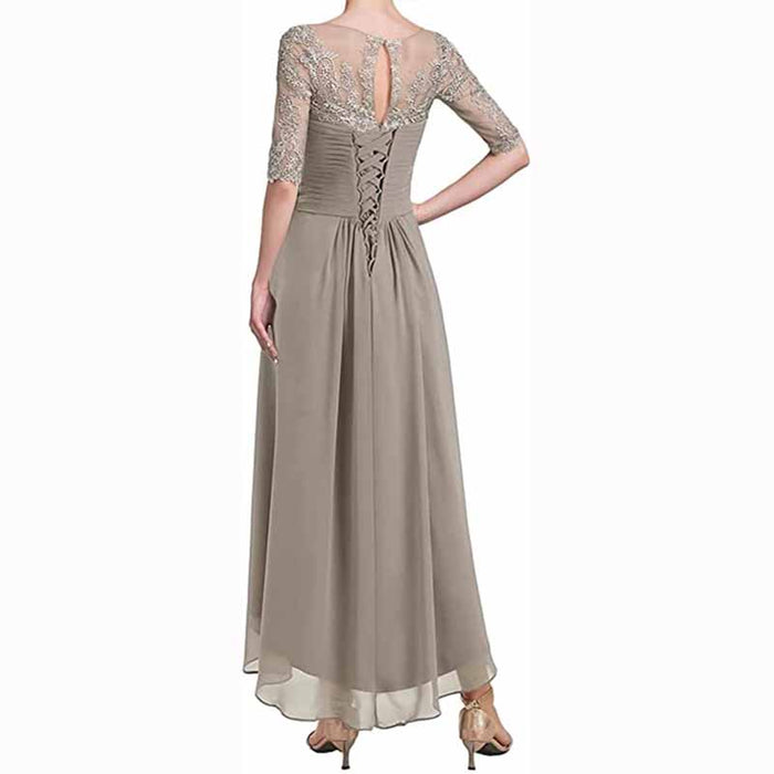 Elegant ruffle wedding guest dress for women with lace back and flowing skirt