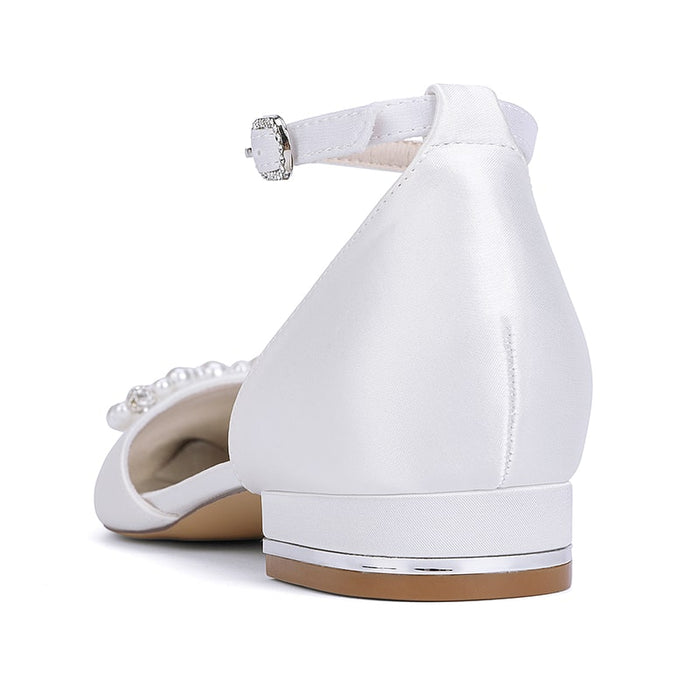 Elegant satin bridal flats with pearl embellishments and ankle strap for comfortable wedding wear