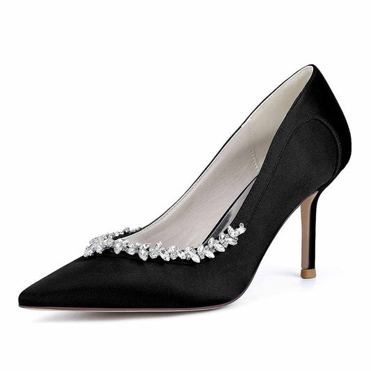 Elegant satin bridal heels with crystal beading for a stunning wedding day look