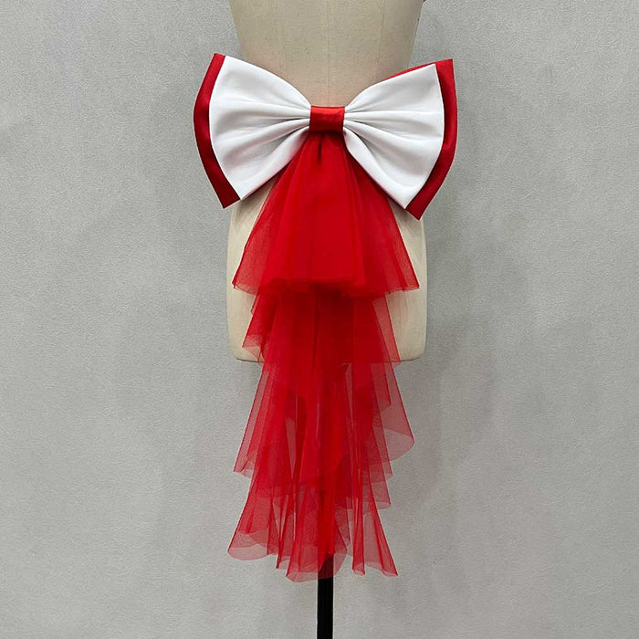 Satin wedding bow for bridal dress with red tulle and large white bow detail