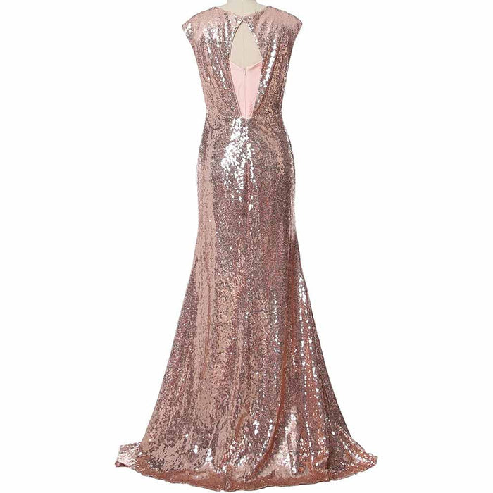 Elegant sequin cap sleeve wedding guest dress in rose gold, showcasing a keyhole back design
