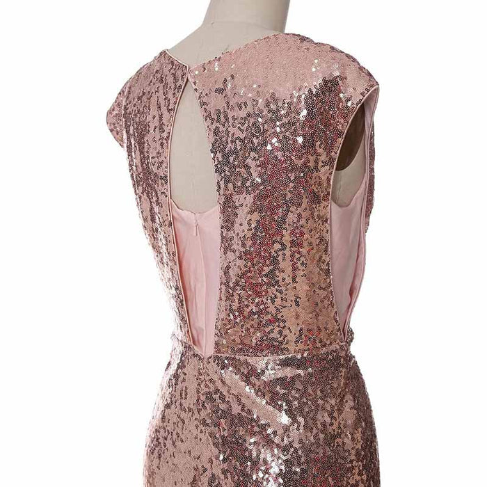 Elegant sequin cap sleeve wedding guest dress in blush with a flattering fit and stylish design