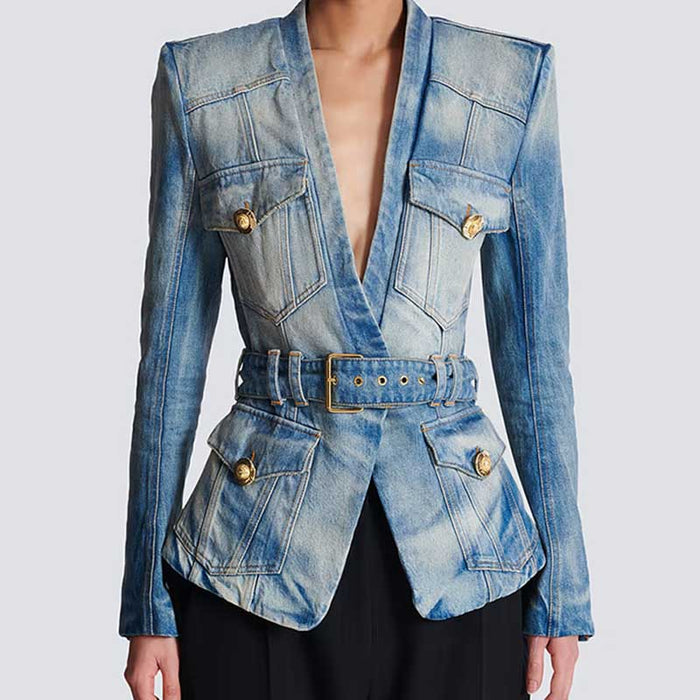 Stylish women's belted denim jacket with gold buttons and a tailored fit for a trendy look