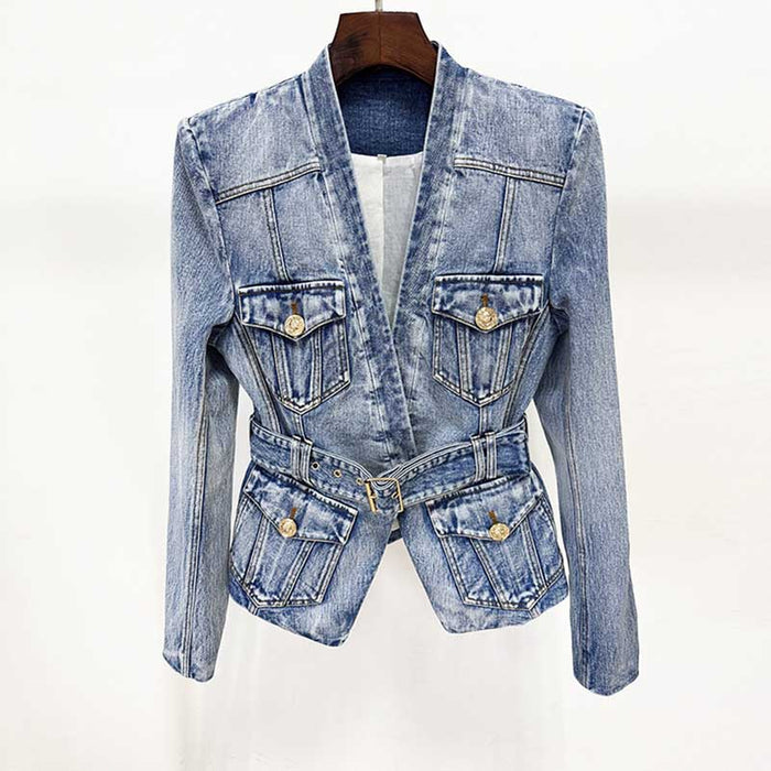 Stylish women's belted denim jacket with front pockets and a modern cut for a trendy look
